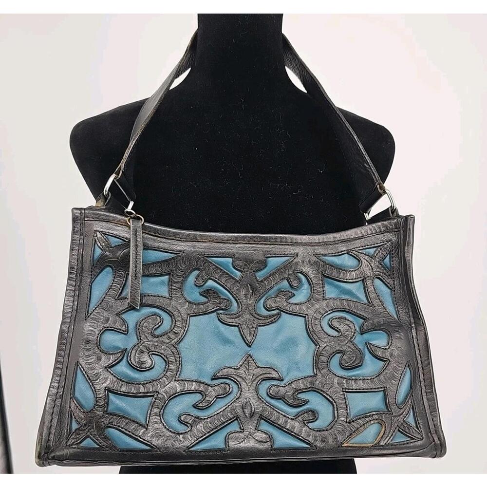 Vtg Leaders In Leather Tooled Shoulder Bag‎ Green Black  Short Strap